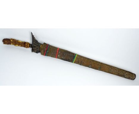 19/20th Century Southeast Asian, Possible Balinese Kris Sword with Carved Bone Grip and Stamped Tin Scabbard. Scabbard Held T