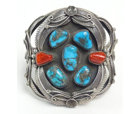 Vintage Old Pawn Navajo Sam Bahe Sterling Silver, Turquoise and Coral Cuff Bracelet. Signed SB. Good Condition. Measures 2-3/