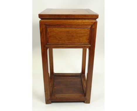 Vintage Carved Chinese Hardwood Pedestal Table with Drawer. Unsigned. Good Condition. Light Wear and Rubbing or in Good Condi