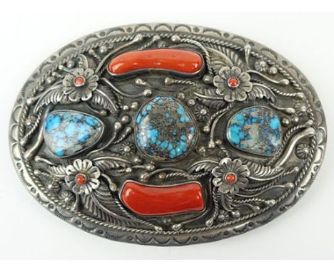 Vintage Old Pawn Navajo Sterling Silver, Turquoise and Coral Belt Buckle. Signed Sterling and LA. Attributed to: Larry Arbrit