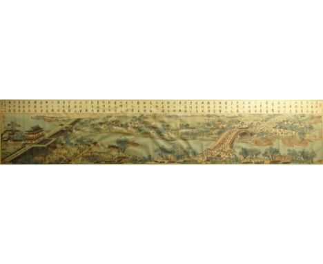 Very Long Chinese Hand Painted Panoramic Scroll. Landscape and Calligraphy. Signed With Red Seal Marks. Toning from age or in