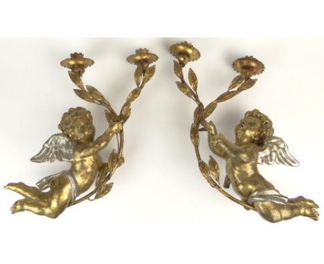 Pair of 19/20th Century Continental Carved & Gilt Wood and Gilt Metal Figural Cherub Two (2) Light Candle Sconces. Unsigned. 
