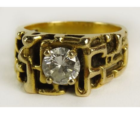 Men's Vintage Approx. .50 Carat Round Cut Diamond and 14 Karat Yellow Gold Ring. Diamond K-L Color, SI Clarity. Signed 14K. G