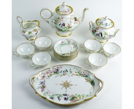 Circa 1900 French, Limoges Jean Pouyat Seventeen (17) Piece Hand Painted Porcelain Tea Service Including Teapot, Covered Suga