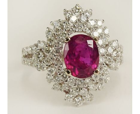 AGTA Certified 2.24 Carat Oval Cut Burmese Ruby, approx. 1.54 Carat Round Cut Diamond and 18 Karat White Gold Ring. Ruby with