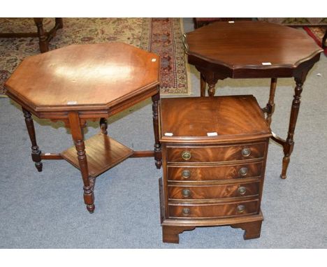 An Edwardian octagonal plant table, 75cm by 64cm together with another similar, 69cm by 74cm, both with shelf stretchers and 