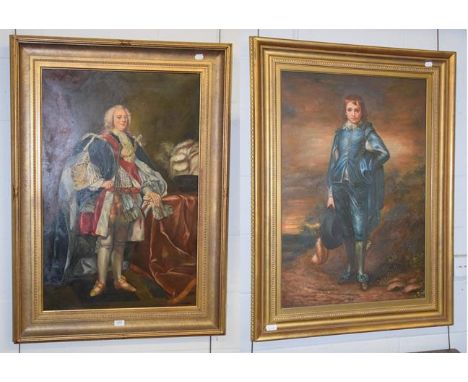 A reproduction oil on canvas depicting a full length portrait of George III, 59cm by 90cm together with a further reproductio