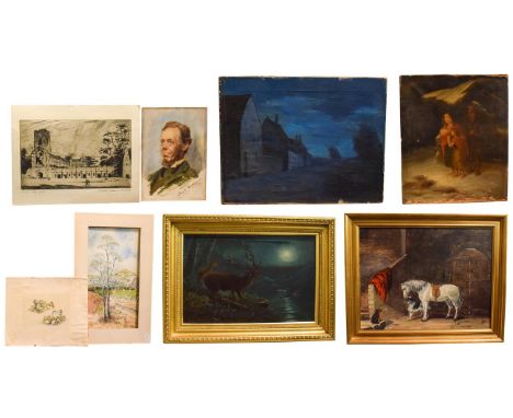 A collection of 19th/20th century oils on canvas and works on paper to include a Night time, oil on canvas by Alfred R Blunde