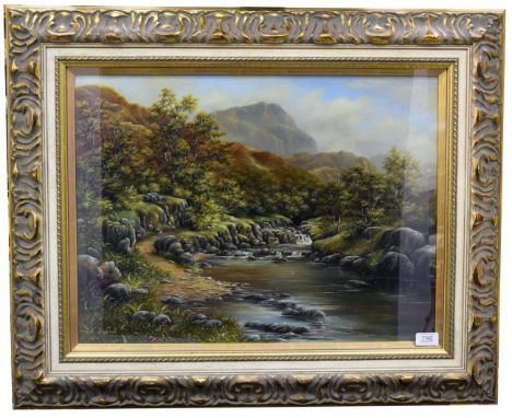 C.Whitefield, Contemporary river landscape, oil on canvas, 46cm by 60cm  15.04.21  Hood with the right hand flower head chipp