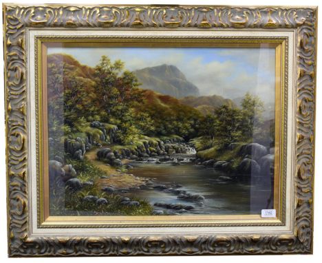 C.Whitefield, Contemporary river landscape, oil on canvas, 46cm by 60cm  15.04.21  Hood with the right hand flower head chipp