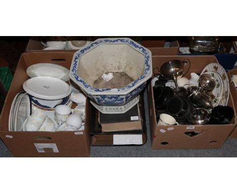 A large leather bound family bible together with an octagonal blue and white planter and two boxes of pottery, china and silv