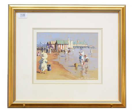Bernard McDonald (b.1944) children playing in the shallow waters, signed, watercolour, 19.5cm by 25cm  Artist's Resale Rights