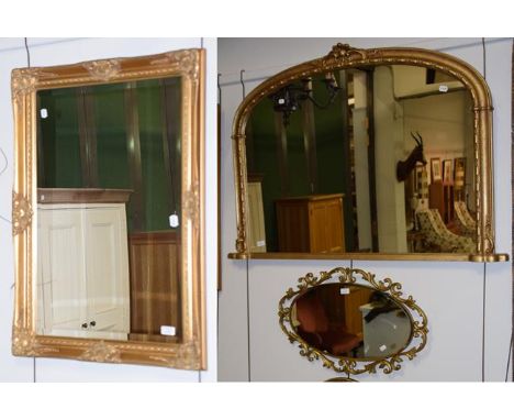 A modern gilt over mantel mirror, a gilt hall mirror and two similar smaller mirrors (4)