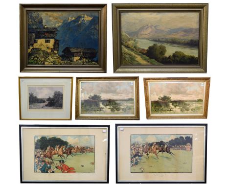 Mulley 20th century, Alpine mountain view, oil on board together with a shooting print, signed by Jonathan Sainsbury, Europea