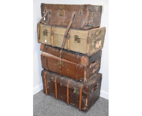 Harrods brown canvas trunk with lift out tray, AJ Lawrence trunk maker trunk with tray, two other trunks and a large wooden b