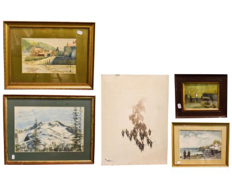R Crawshaw (19th/20th century) Crantal? village, signed, watercolour together with three other Watercolours and an oil on can