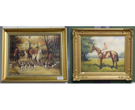 B Lander (20th century school) Jockey oil on canvas signed and framed 59cm by 49cm together with a small hunting print (2)