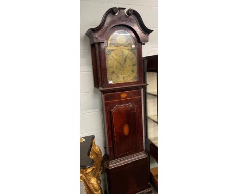 A mahogany inlaid quarter chiming longcase clock, 14'' arched brass dial bearing a later inscription Edwd. Bangor Londini cir