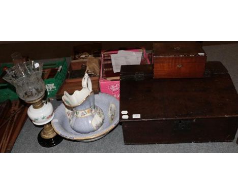 An 18th century oak bible box, 19th century mahogany jewellery box, oil lamp and a jug and a bowl