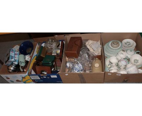 Ceramics, glass and metalwares etc including, Wedgwood Woodbury pattern service, Wood &amp; Sons, stoneware foot warmers, box