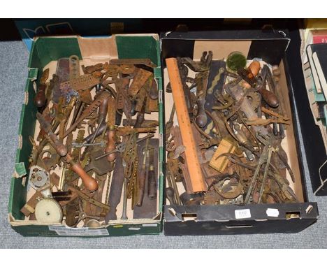 Two boxes of assorted specialist engineering tools etc, including metal gauges, J Rabone &amp; Sons brass mounted slide ruler