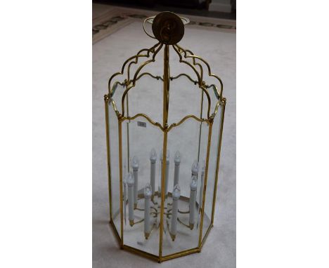 A large octagonal eight light glass and brass lantern form ceiling light, 108cm 
