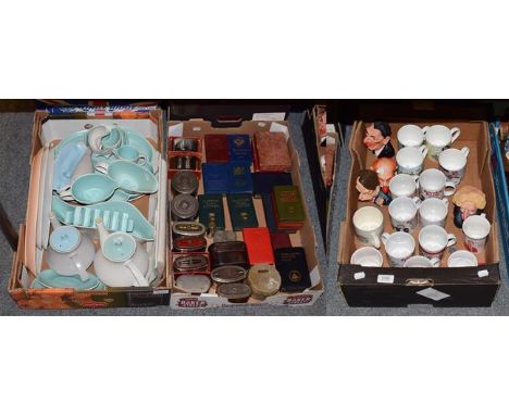 Collection of penny money boxes, political mugs and Poole pottery (three boxes)