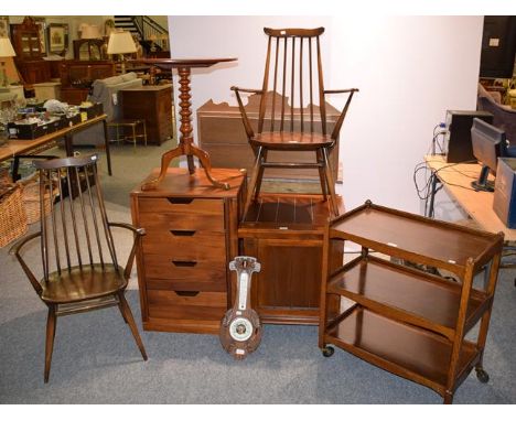 A 1920's oak three tier trolley, 68cm by 38cm by 76cm together with a modern TV stand and similar four-drawer chest, a pair o