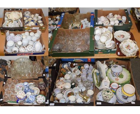 Decorative household ceramics and glass including decanters, wines, Emma Bridgewater jug, coffee and tea wares, Dresden tea w