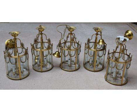 A set of five Regency style four light glazed gilt metal lantern form ceiling lights 56cm (5)