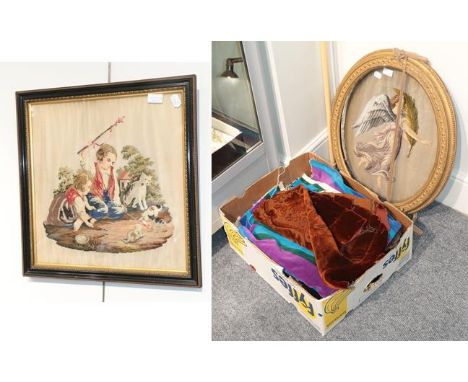Assorted early 20th century embroidery patterns, part chenille cloths, pair of blue and purple striped velvet curtains, frame