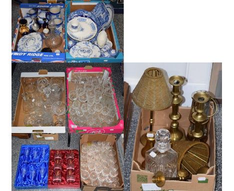 A quantity of decorative items including cut glass tumblers, liqueurs, sherrys, brandys and other glasses, decanters, decorat