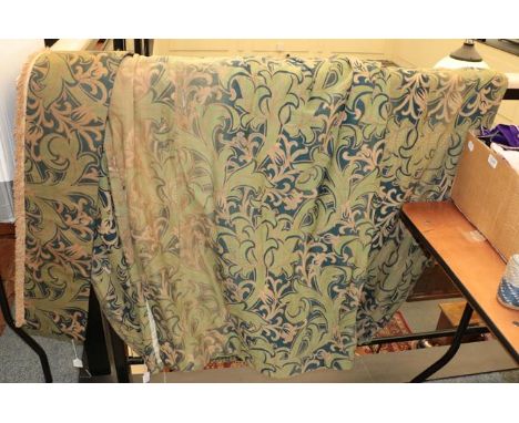 Pair of stylish early 20th century green and gold curtains and a pelmet (a.f.), two Indian white wool rugs with crewel work d