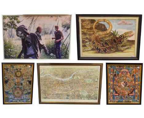 A framed coloured print depicting a lizard, a framed map, a balloon view of London, two framed Chinese prints and a modern fr