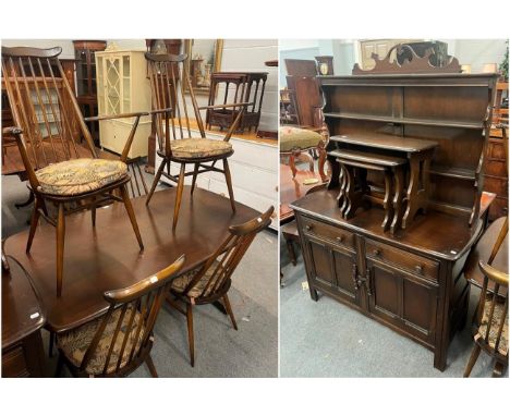 An Ercol dining room suite comprising table, 83cm by 152cm by 71cm high, six chairs, sideboard, 123cm by 47cm by 178cm high, 