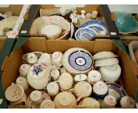 Three boxes of miscellaneous china to include a Melba ware ginger jar and cover, stoneware foot warmer, various tea wares etc