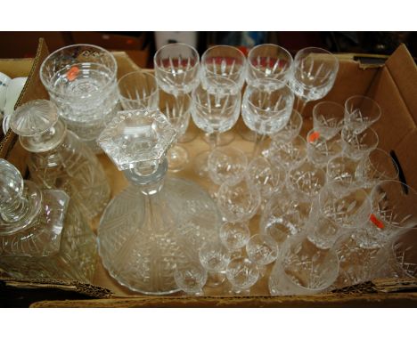 A box of miscellaneous  glassware to include ships decanter and stopper, wine hocks, whisky tumblers etc