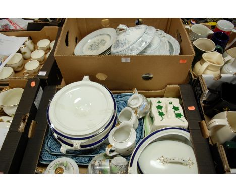 Two boxes of miscellaneous tea and dinner wares to include; blue and white transfer decorated meat plates and tureens, cheese