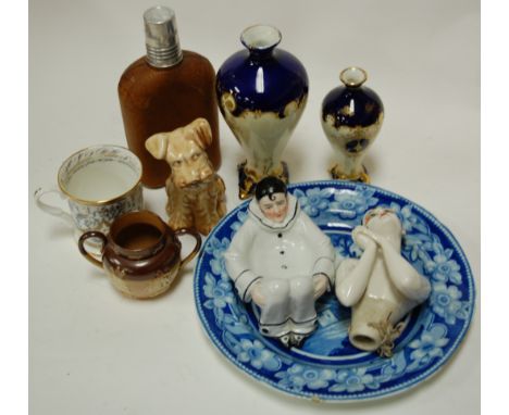 A small collection of miscellaneous china to include Sylvac dog, Golden Jubilee mug, hip flask etc