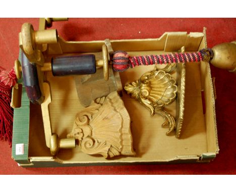 A painted wooden three branch ceiling light fitting together with a gilt painted wall bracket and two others etc