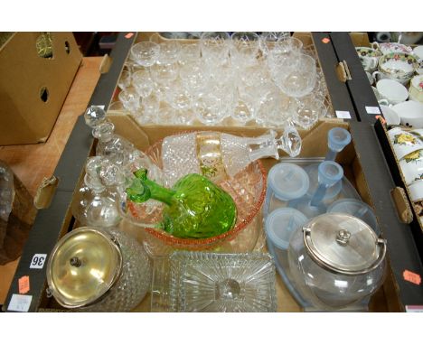 Two boxes of miscellaneous glassware to include 1930s style moulded glass dressing table set, biscuit barrel and cover, decan