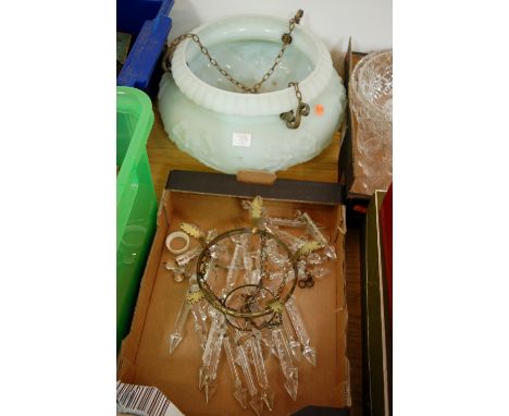 An early 20th century two tier ceiling light fitting with glass prism drops together with a moulded glass ceiling light penda