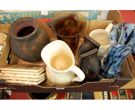 Two boxes of miscellaneous items to include Coalport figure 'Julia' (a/f), various ceramic tiles, smoke glass vase etc