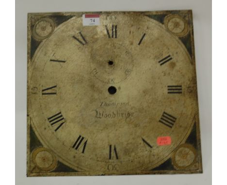 An early 19th century painted square longcase clock dial signed Thompson of Woodbridge