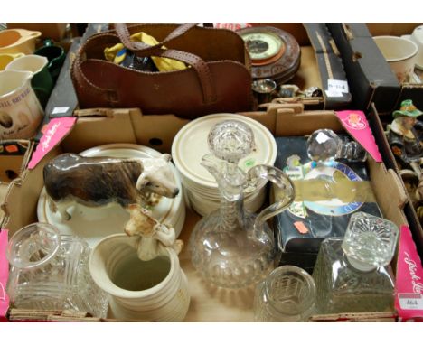 Two boxes of miscellaneous china and glass to include; early 20th century walnut cased barometer, lawn bowls, porcelain figur
