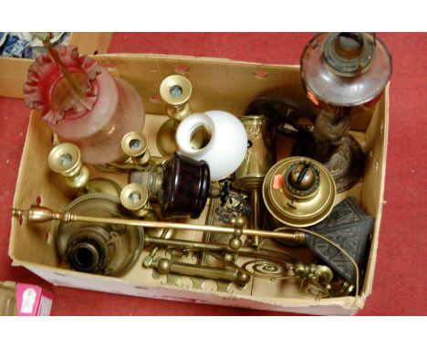 A collection of miscellaneous items to include pedestal oil lamp, turned brass candlesticks, various oil lamp shades etc Cond