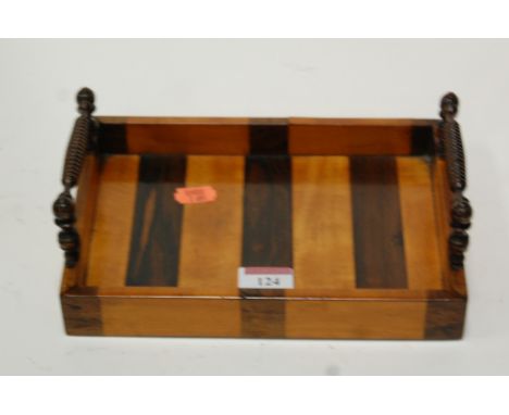 A Victorian satinwood and rosewood twin handled decanter tray