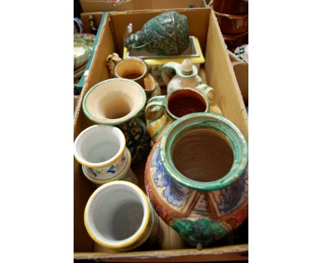 A collection of assorted 20th century maiolica to include; vases, decanter and stopper etc 