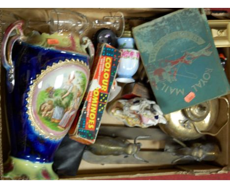 A box of miscellaneous items to include; Royal Mail stamp album and contents, Staffordshire figure, modern mantel clock etc 
