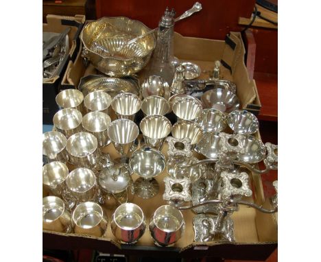 Two boxes of miscellaneous silver plate to include; early 20th century punch bowl and ladle, set of six goblets, pair of cand